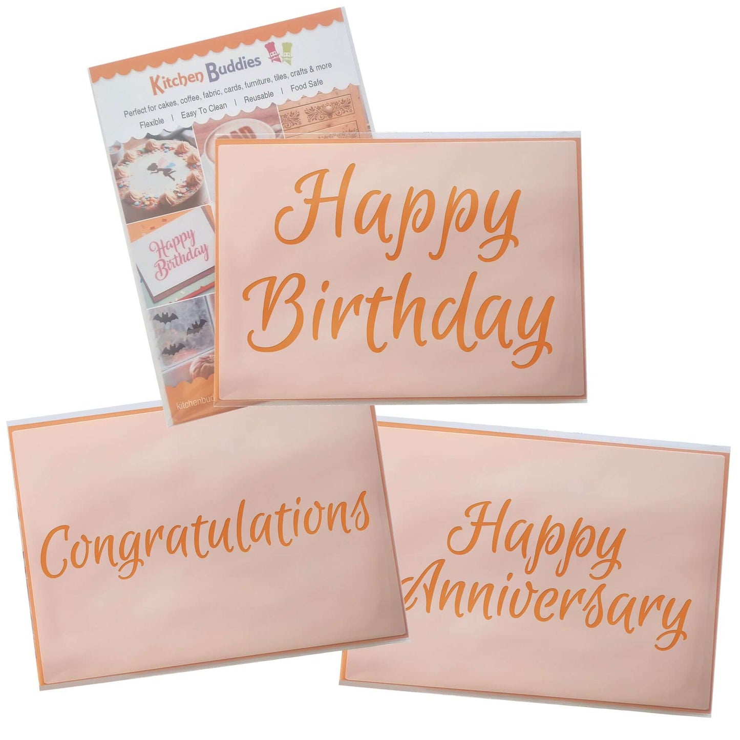Celebration Script Message Set 1,Happy Birthday, Happy Anniversary & Congratulations, A6 Craft & Cake Decorating Stencil, Reusable Mylar for Cakes, Cards, & Crafts