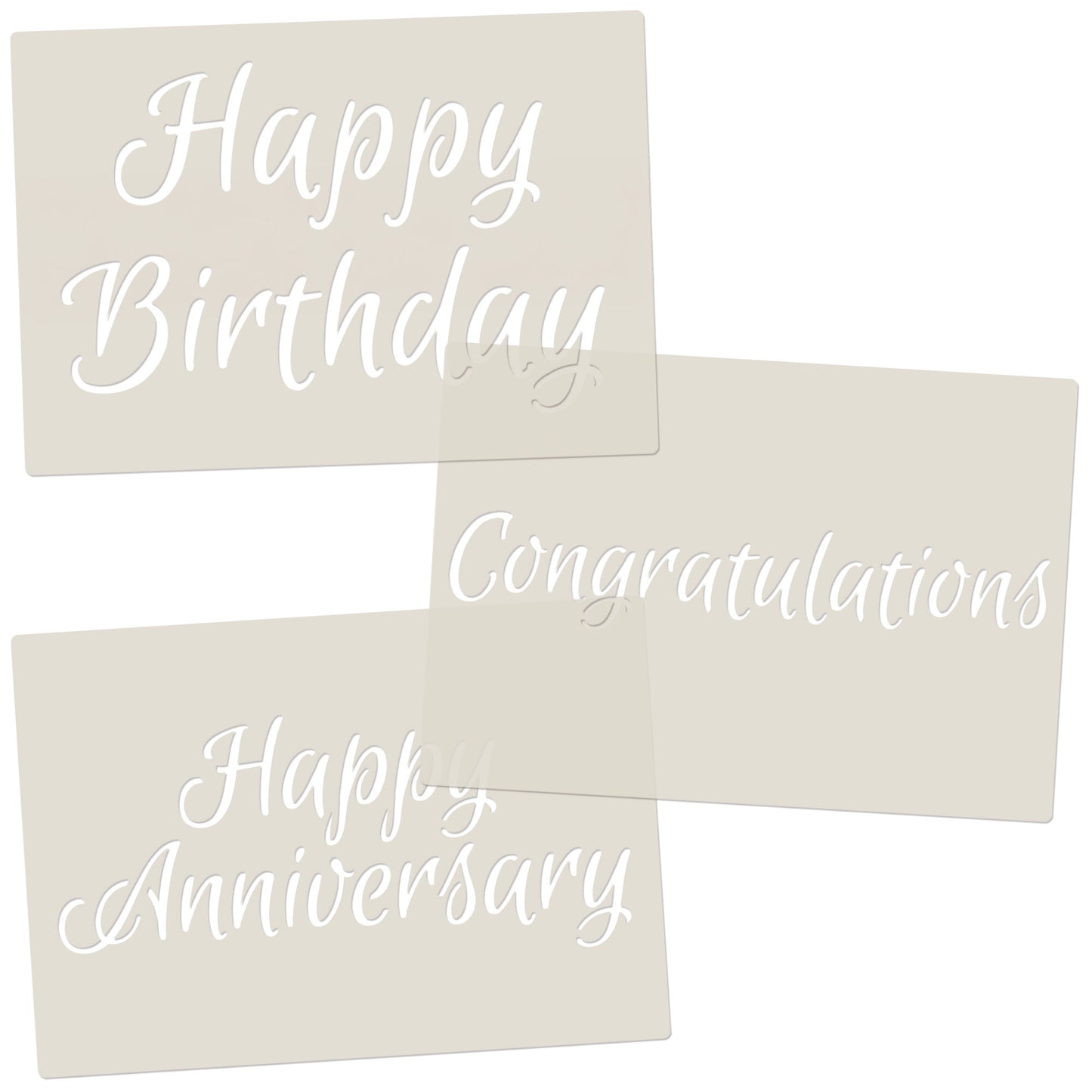 Celebration Script Message Set 1,Happy Birthday, Happy Anniversary & Congratulations, A6 Craft & Cake Decorating Stencil, Reusable Mylar for Cakes, Cards, & Crafts