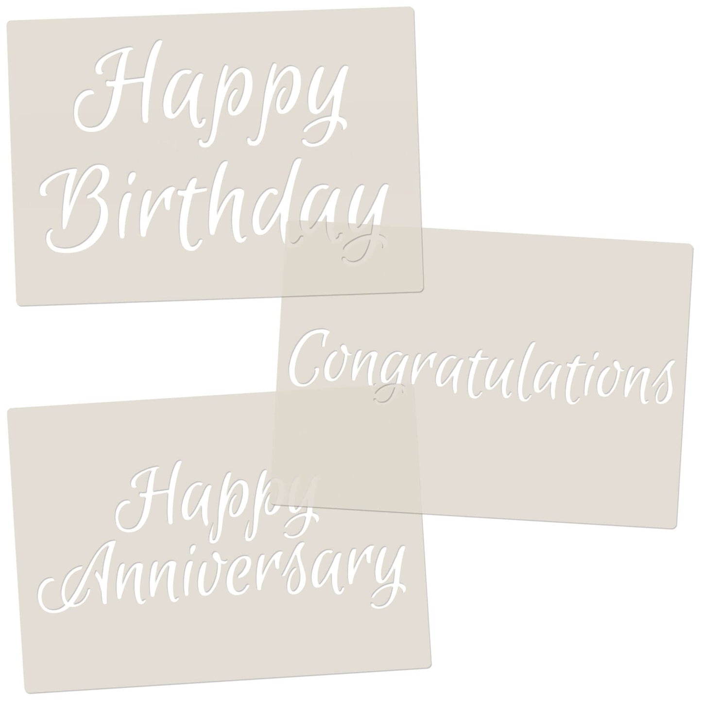 Celebration Script Message Set 1,Happy Birthday, Happy Anniversary & Congratulations, A6 Craft & Cake Decorating Stencil, Reusable Mylar for Cakes, Cards, & Crafts