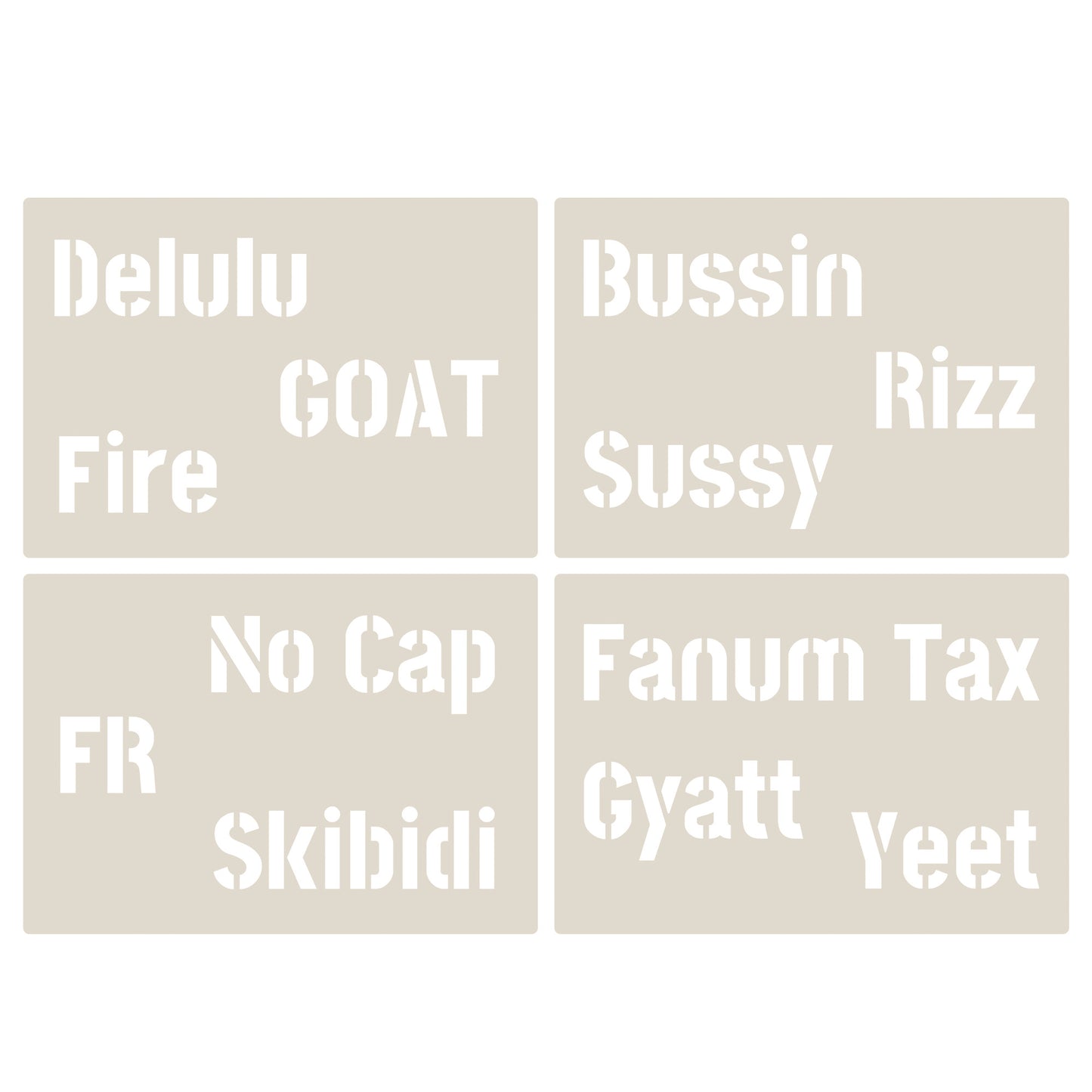 Gen Z & Gen Alpha Brain Rot Slang Stencil Set 4pc, Rizz, Skibidi, No Cap, Fire, etc, A6 Reusable Mylar Templates for Walls, Cakes, Crafts, Cards & More