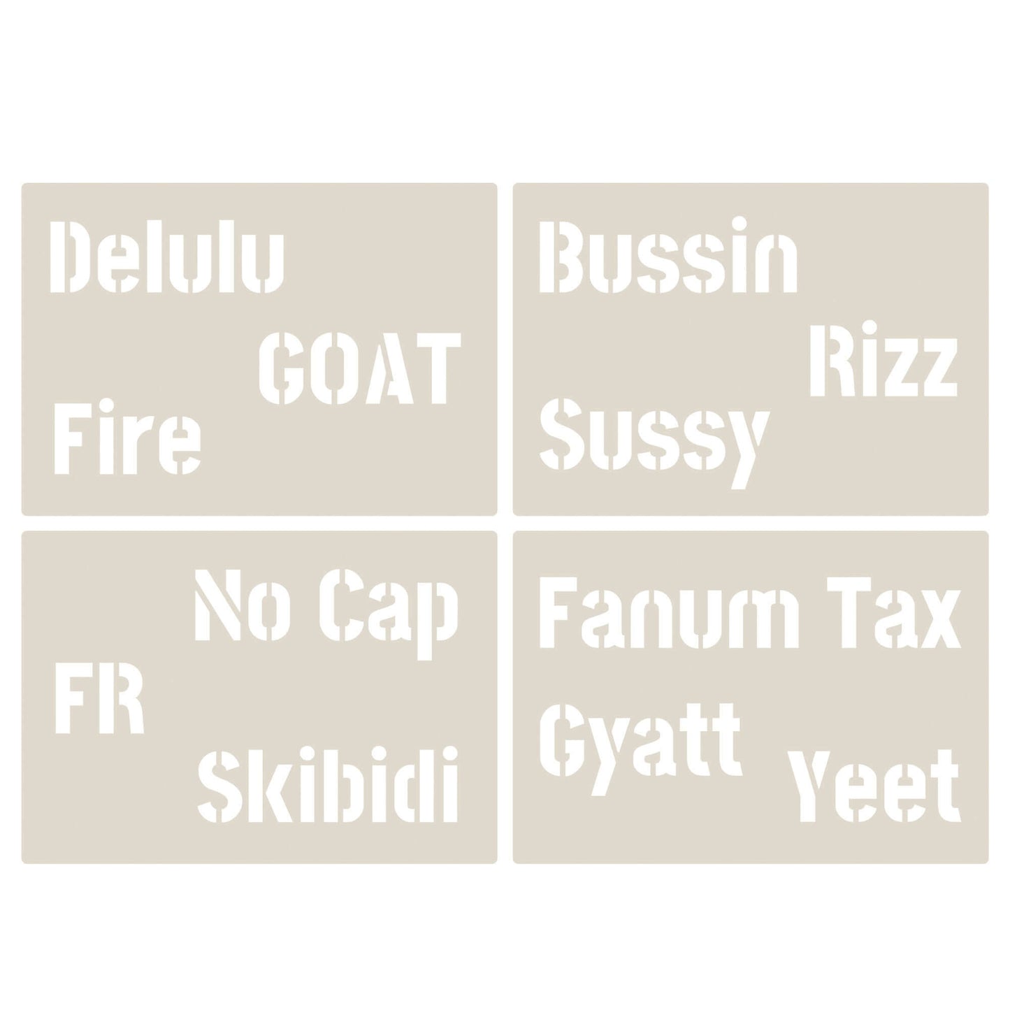 Gen Z & Gen Alpha Brain Rot Slang Stencil Set 4pc, Rizz, Skibidi, No Cap, Fire, etc, A6 Reusable Mylar Templates for Walls, Cakes, Crafts, Cards & More