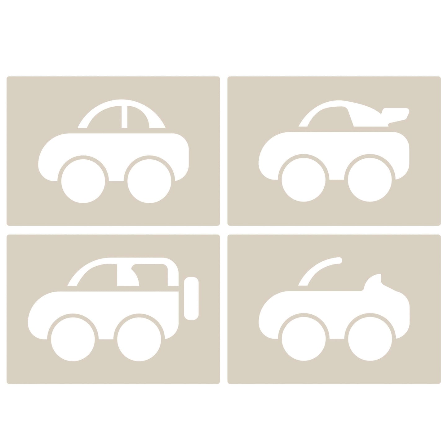 Cute Car Stencil Set 4pc featuring 4 cute cars: saloon, convertible, sports and SUV/4x4, A6 Reusable Mylar Templates for Walls, Cakes, Crafts, Cards & More
