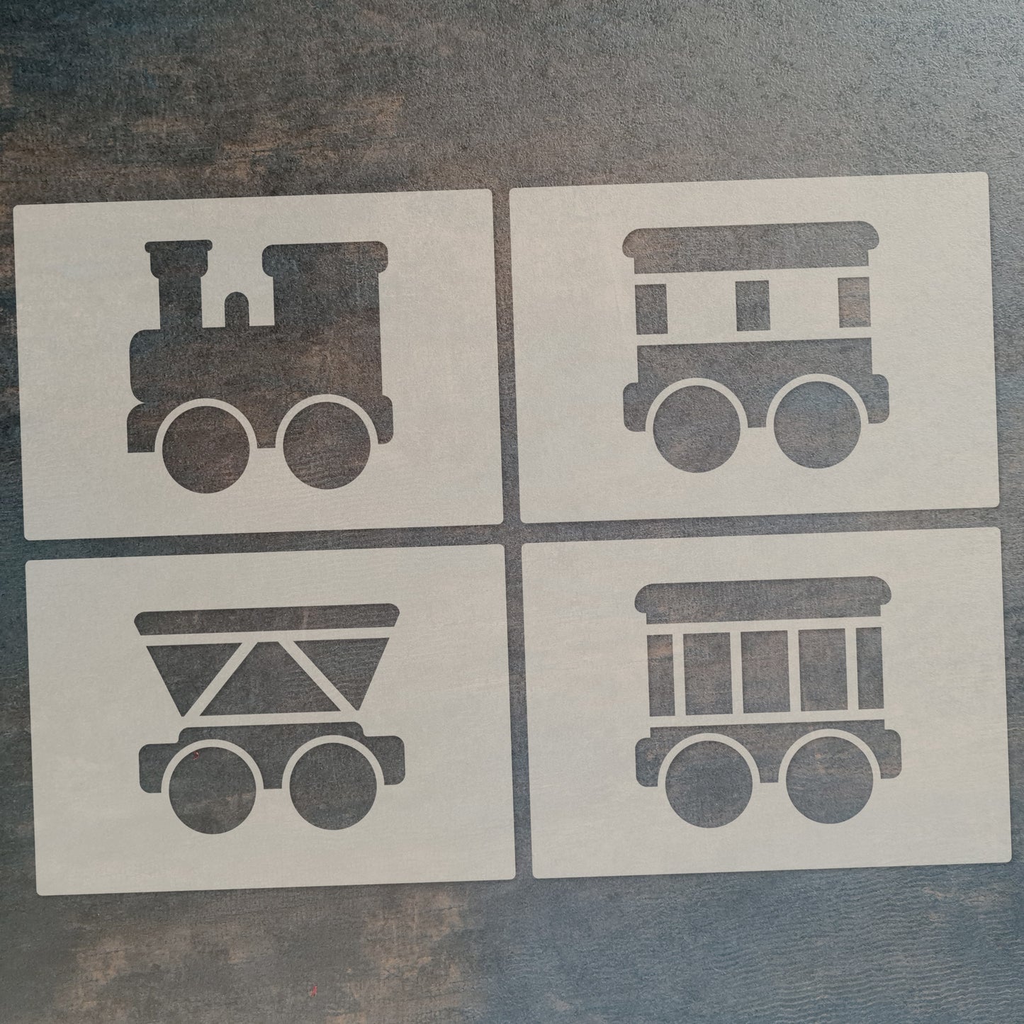 Cute Train Stencil Set 4pc, train engine, passenger carriage, hopper car, box car, A6 Reusable Mylar Templates for Walls, Cakes, Crafts, Cards & More