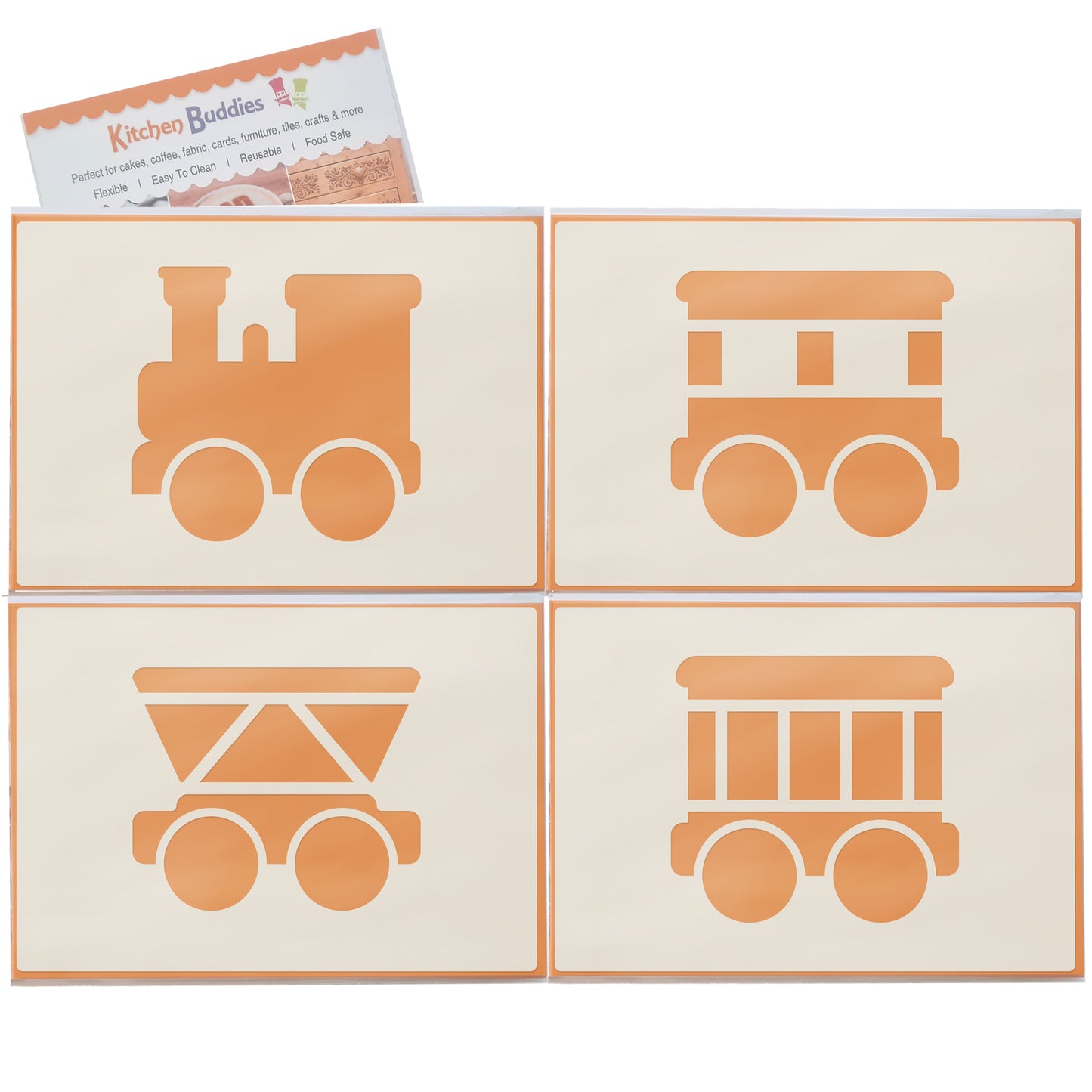 Cute Train Stencil Set 4pc, train engine, passenger carriage, hopper car, box car, A6 Reusable Mylar Templates for Walls, Cakes, Crafts, Cards & More