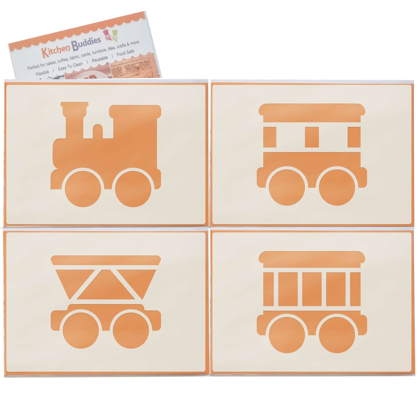 Cute Train Stencil Set 4pc, train engine, passenger carriage, hopper car, box car, A6 Reusable Mylar Templates for Walls, Cakes, Crafts, Cards & More