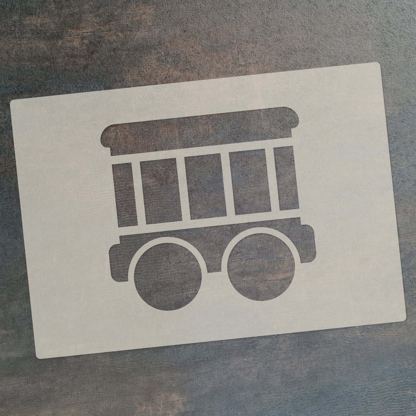 Cute Train Stencil Set 4pc, train engine, passenger carriage, hopper car, box car, A6 Reusable Mylar Templates for Walls, Cakes, Crafts, Cards & More