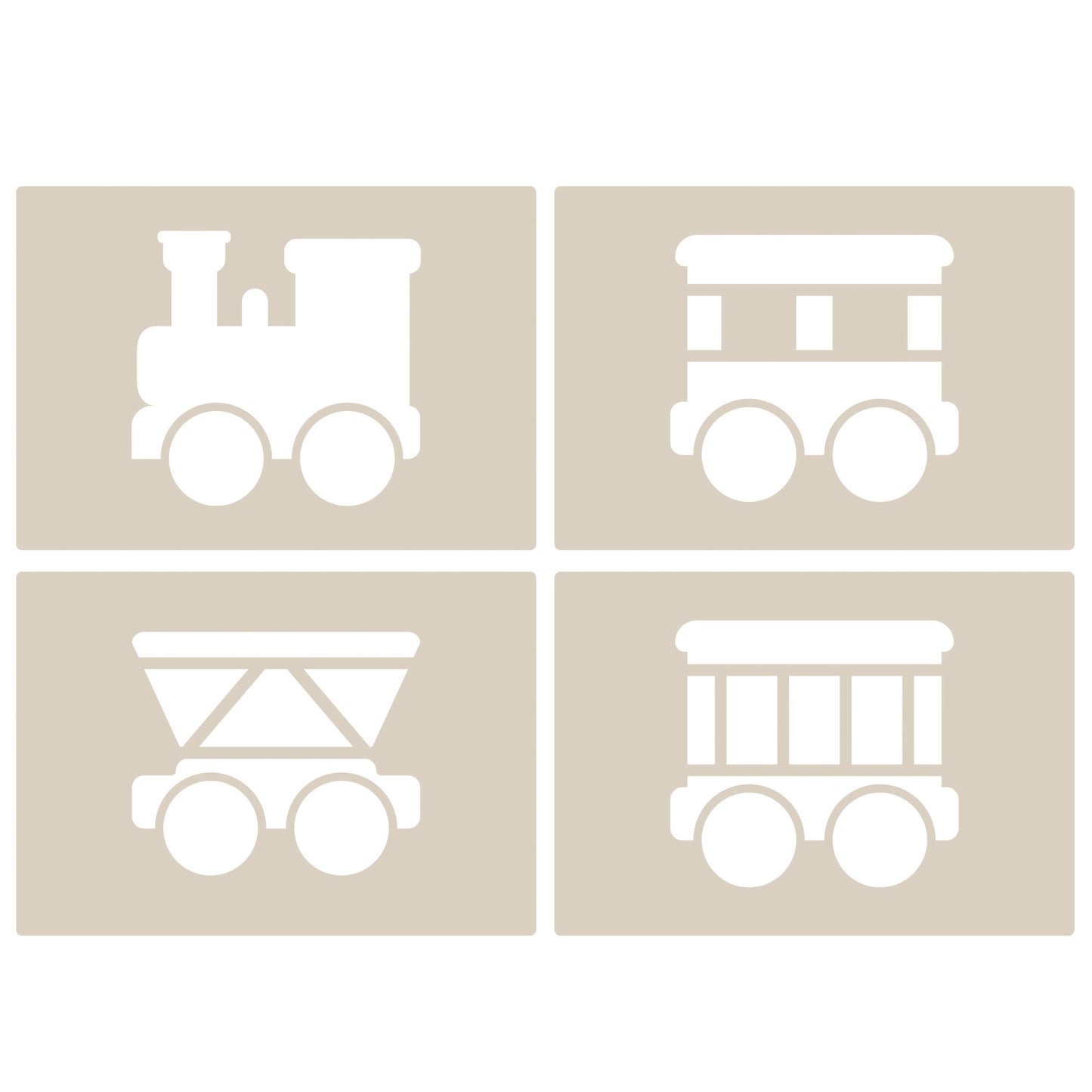 Cute Train Stencil Set 4pc, train engine, passenger carriage, hopper car, box car, A6 Reusable Mylar Templates for Walls, Cakes, Crafts, Cards & More