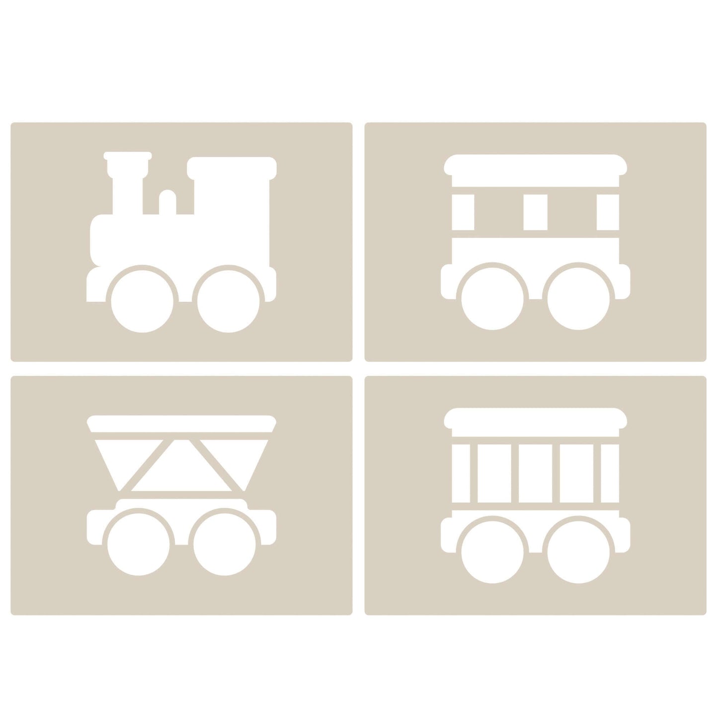 Cute Train Stencil Set 4pc, train engine, passenger carriage, hopper car, box car, A6 Reusable Mylar Templates for Walls, Cakes, Crafts, Cards & More