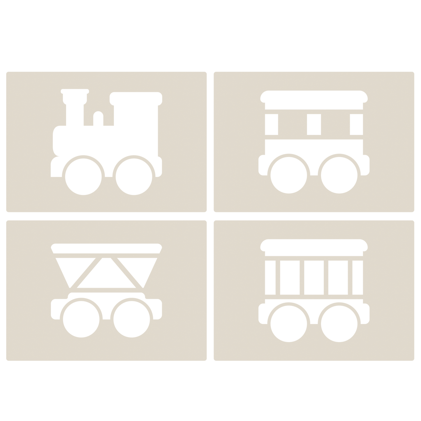 Cute Train Stencil Set 4pc, train engine, passenger carriage, hopper car, box car, A6 Reusable Mylar Templates for Walls, Cakes, Crafts, Cards & More