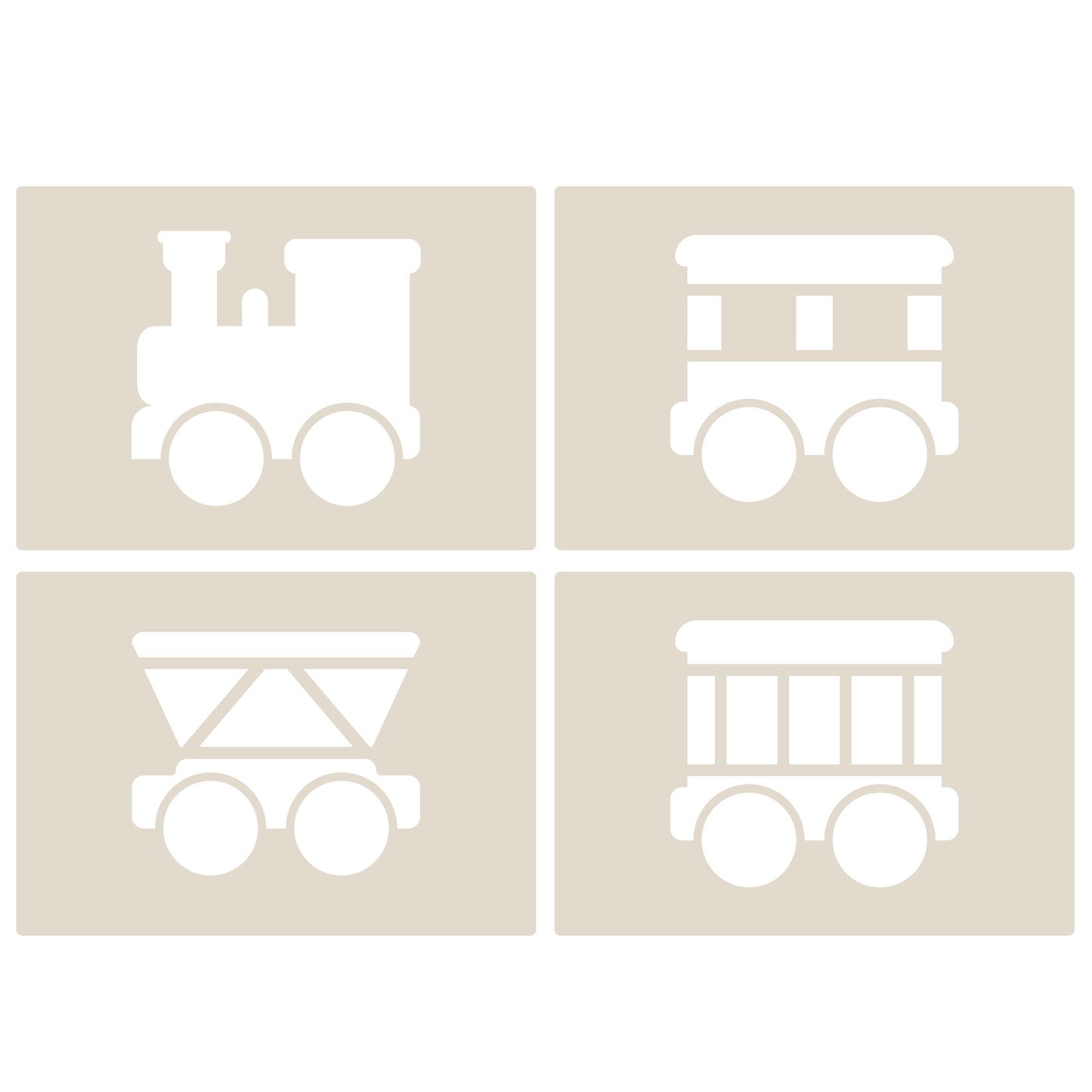 Cute Train Stencil Set 4pc, train engine, passenger carriage, hopper car, box car, A6 Reusable Mylar Templates for Walls, Cakes, Crafts, Cards & More