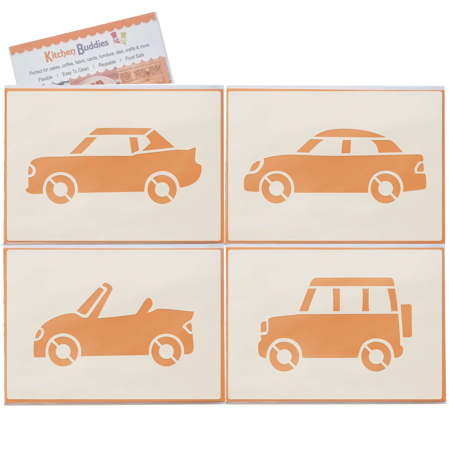 Road Car Stencil Set - 4pc featuring saloon car, sports car, convertible, and 4x4 for crafting and decoration.