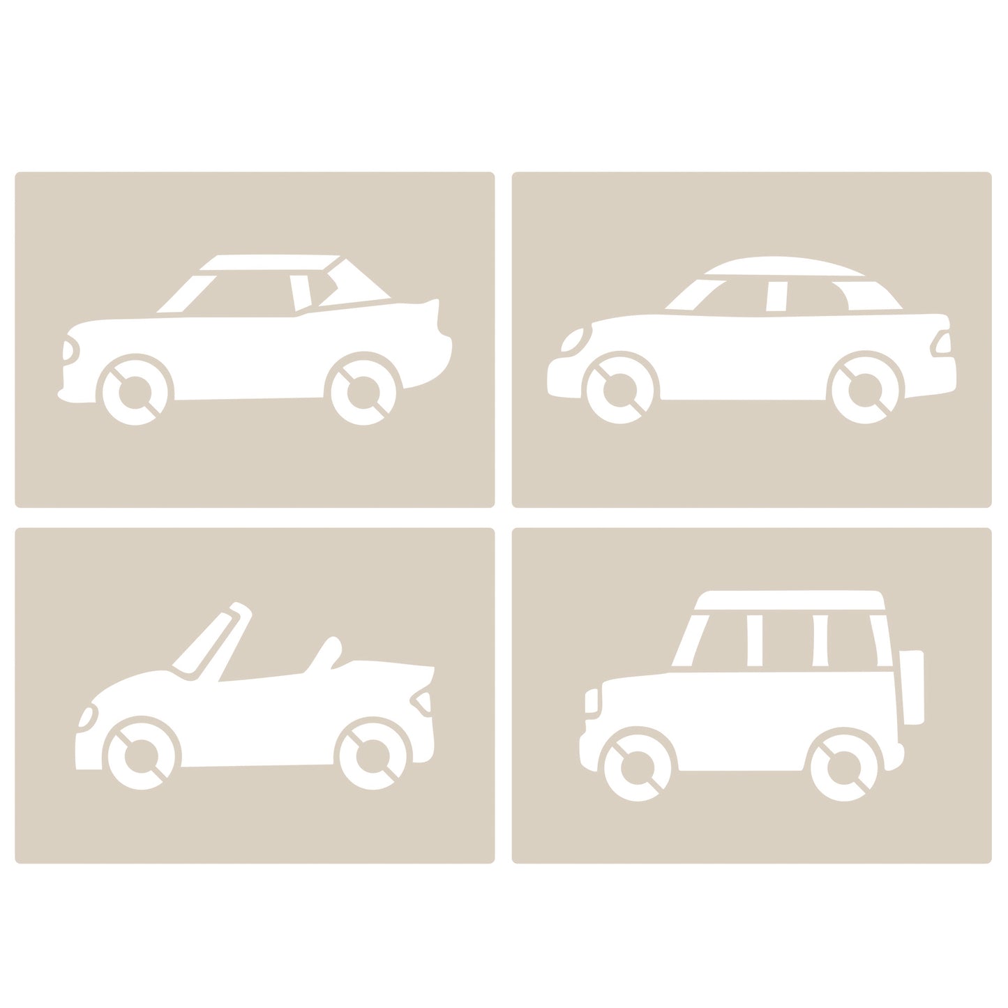 Road Car Stencil Set – 4pc saloon car, sports car, convertible, SUV/4x4 A6 Reusable Mylar Templates for Walls, Cakes, Crafts, Cards & More
