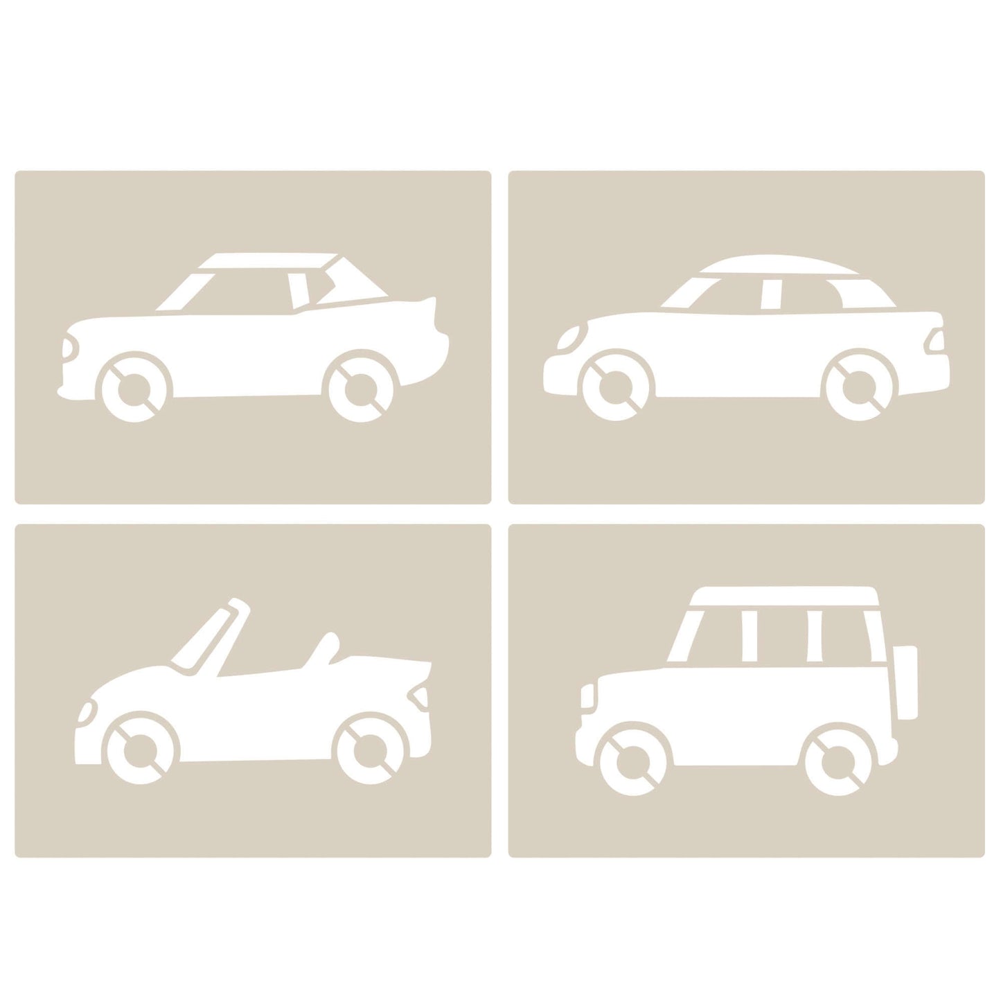 Road Car Stencil Set - 4pc featuring saloon, sports, convertible, and 4x4 car designs for crafting and decorating.