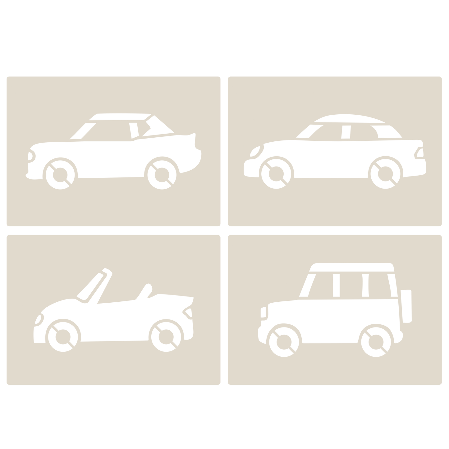 Road Car Stencil Set showcasing saloon car, sports car, convertible, and 4x4 designs.