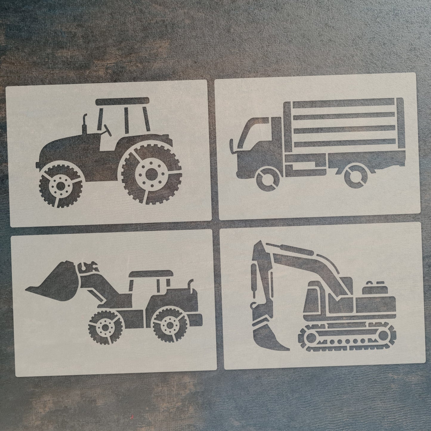 Industrial Vehicles Stencil Set tractor, digger, loader and lorry, 4pc A6 Reusable Mylar Templates for Walls, Cakes, Crafts, Cards & More