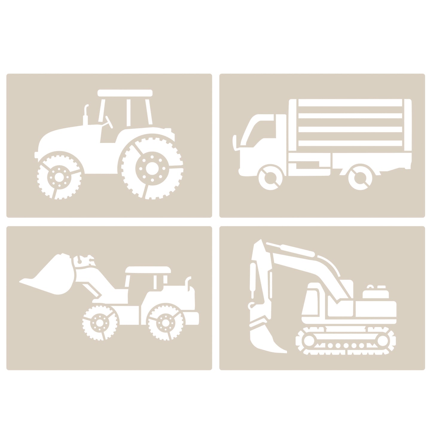 Industrial Vehicles Stencil Set tractor, digger, loader and lorry, 4pc A6 Reusable Mylar Templates for Walls, Cakes, Crafts, Cards & More
