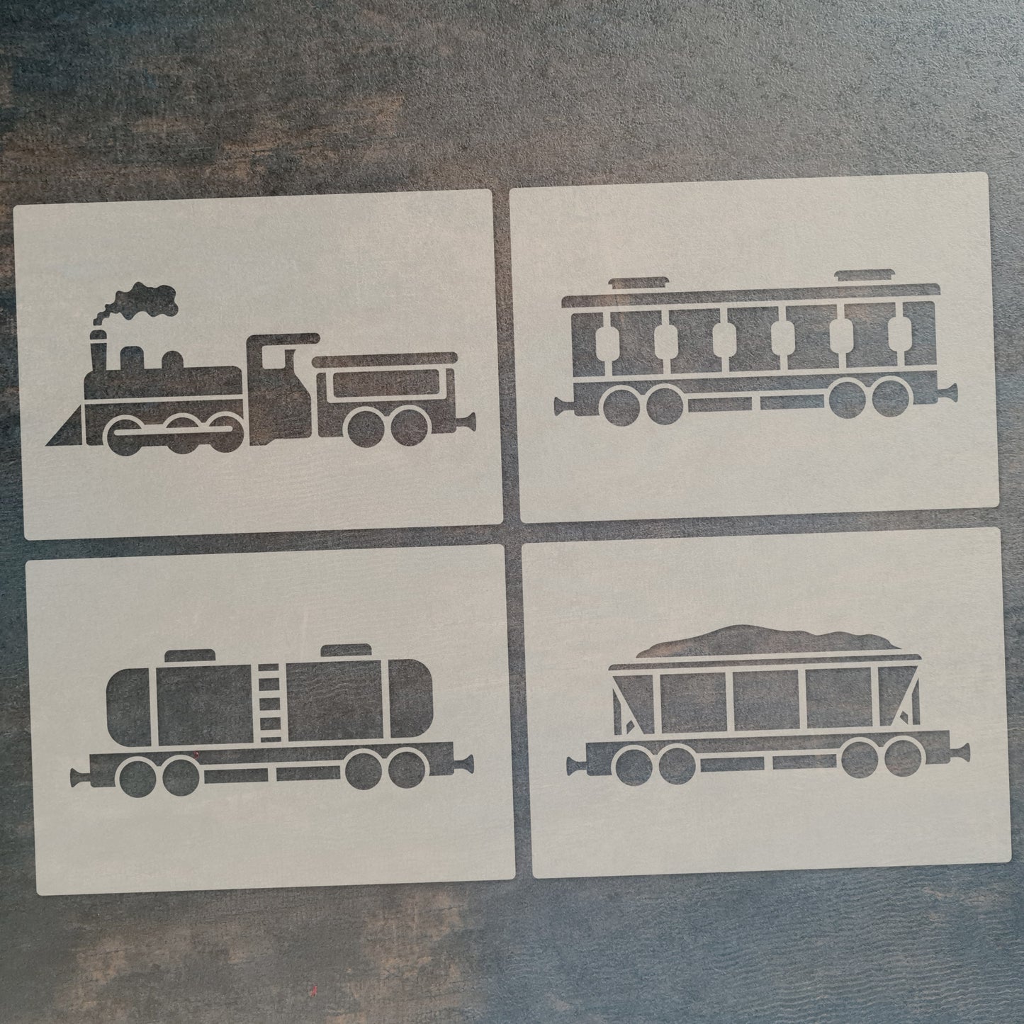 Steam Train Stencil Set – 4pc A6 Reusable Mylar Templates for Walls, Cakes, Crafts, Cards & More