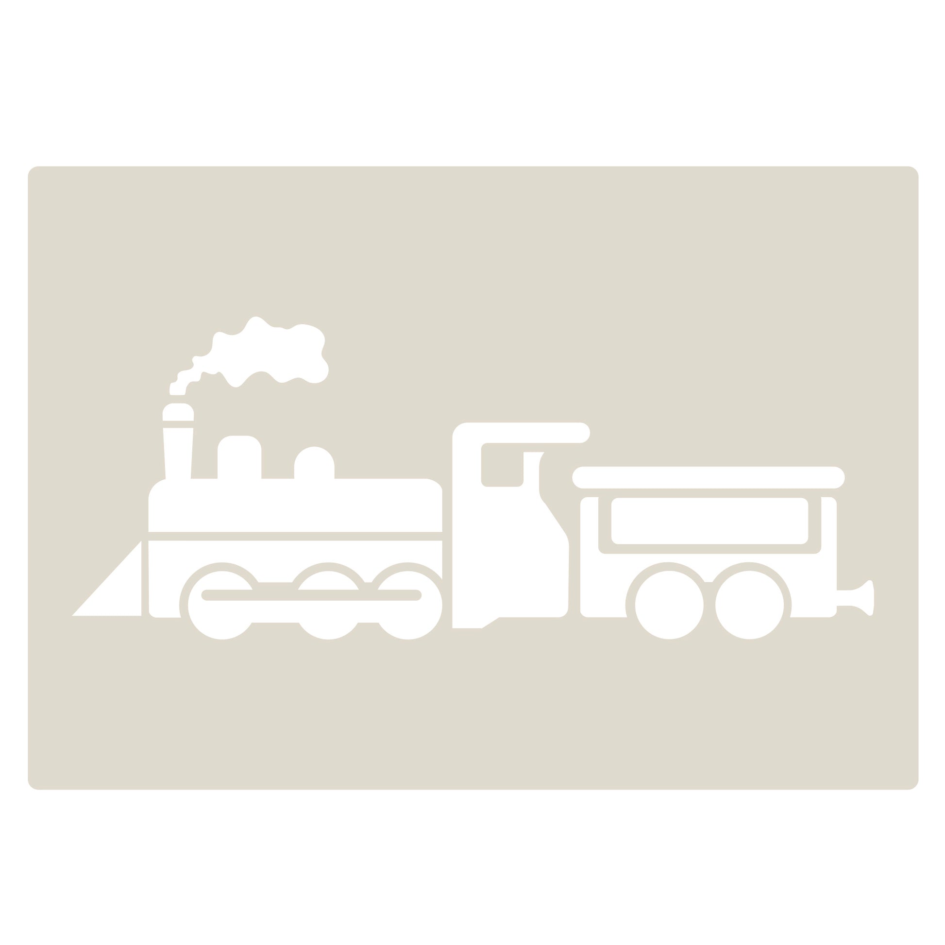 Steam train stencil set design featuring a steam engine with a passenger car, ideal for crafts and cake decorating.