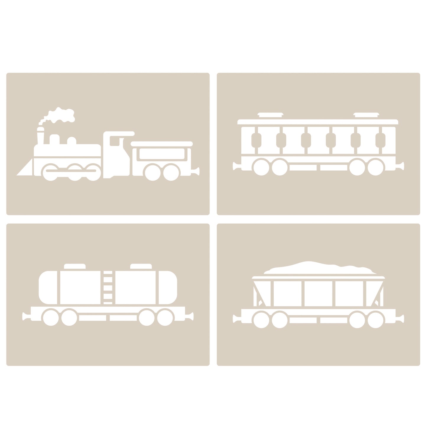 Steam Train Stencil Set – 4pc A6 Reusable Mylar Templates for Walls, Cakes, Crafts, Cards & More