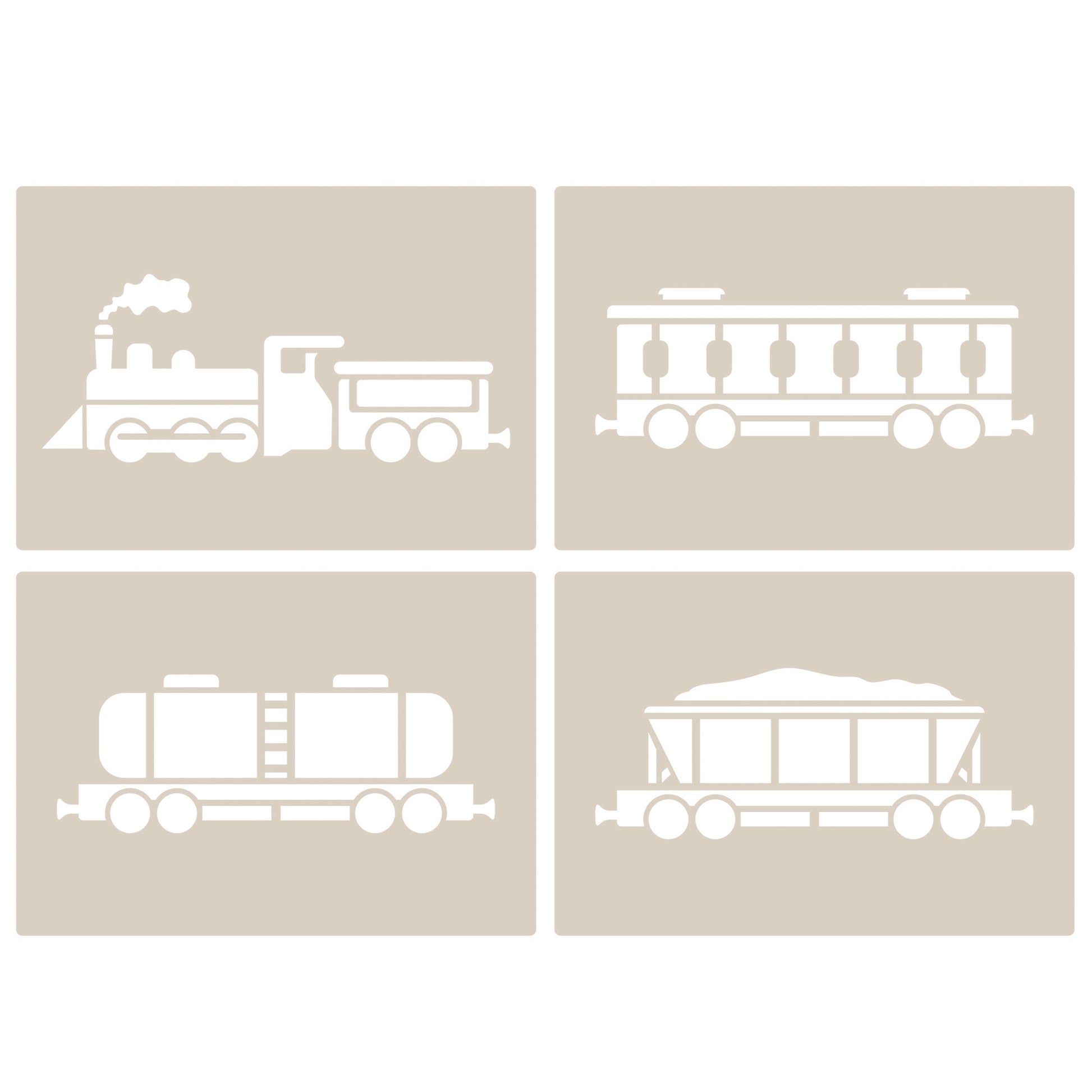 Steam train stencil set featuring a steam engine and three cars for crafting and decorating.