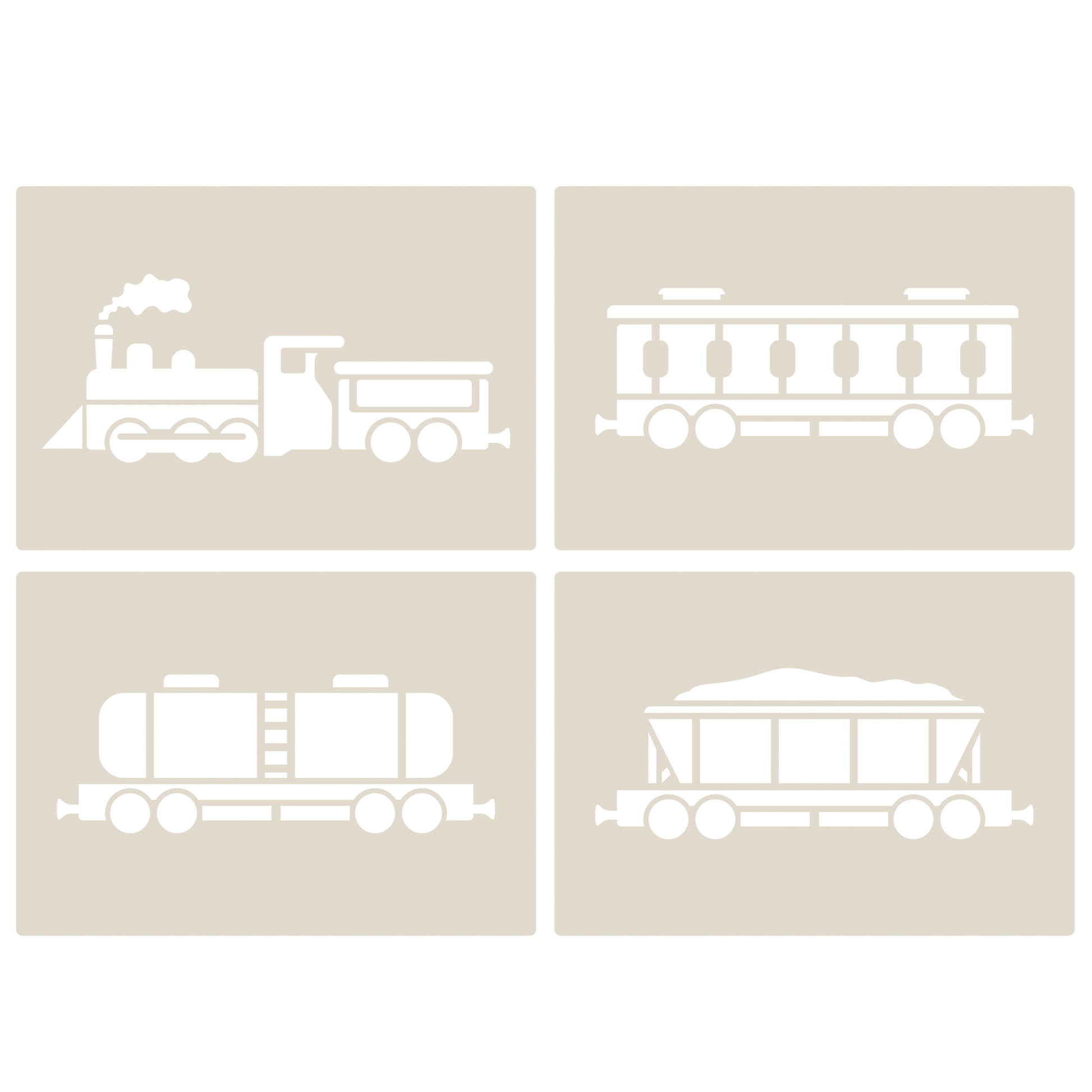 Steam Train Stencil Set - 4pc A6 featuring a steam engine, passenger carriage, hopper car, and tank car designs.
