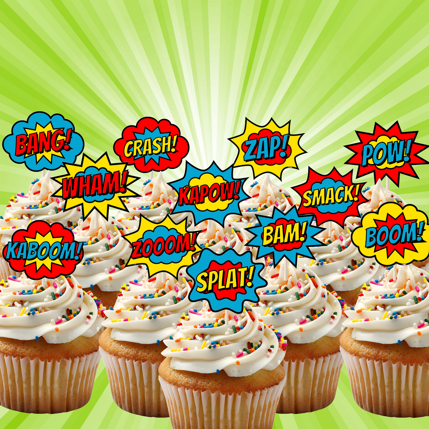 Superhero Comic Book Cupcake Toppers Set - 24pc - Birthday Celebration Cupcake & Cake Decorations