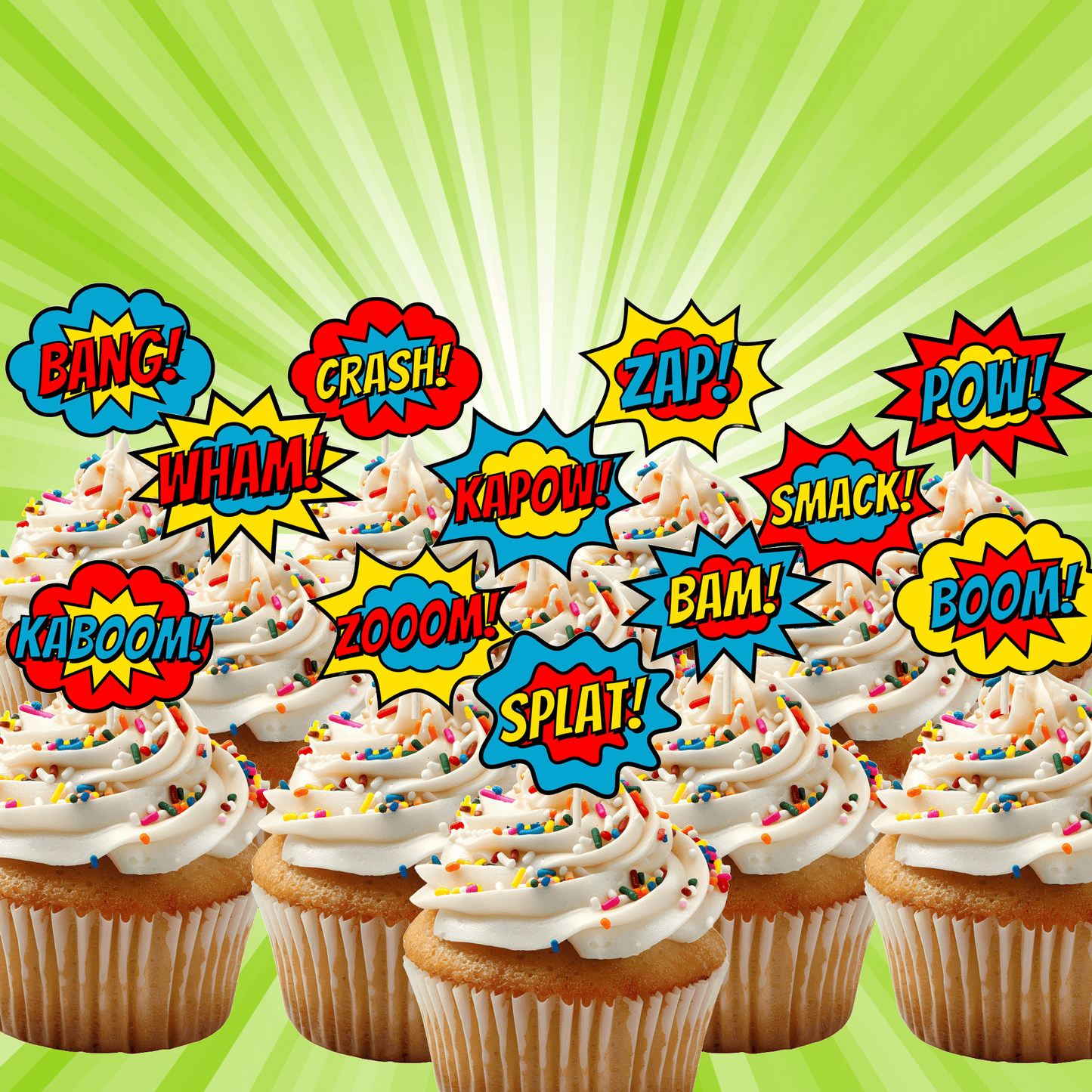 Superhero Comic Book Cupcake Toppers Set - 24pc - Birthday Celebration Cupcake & Cake Decorations