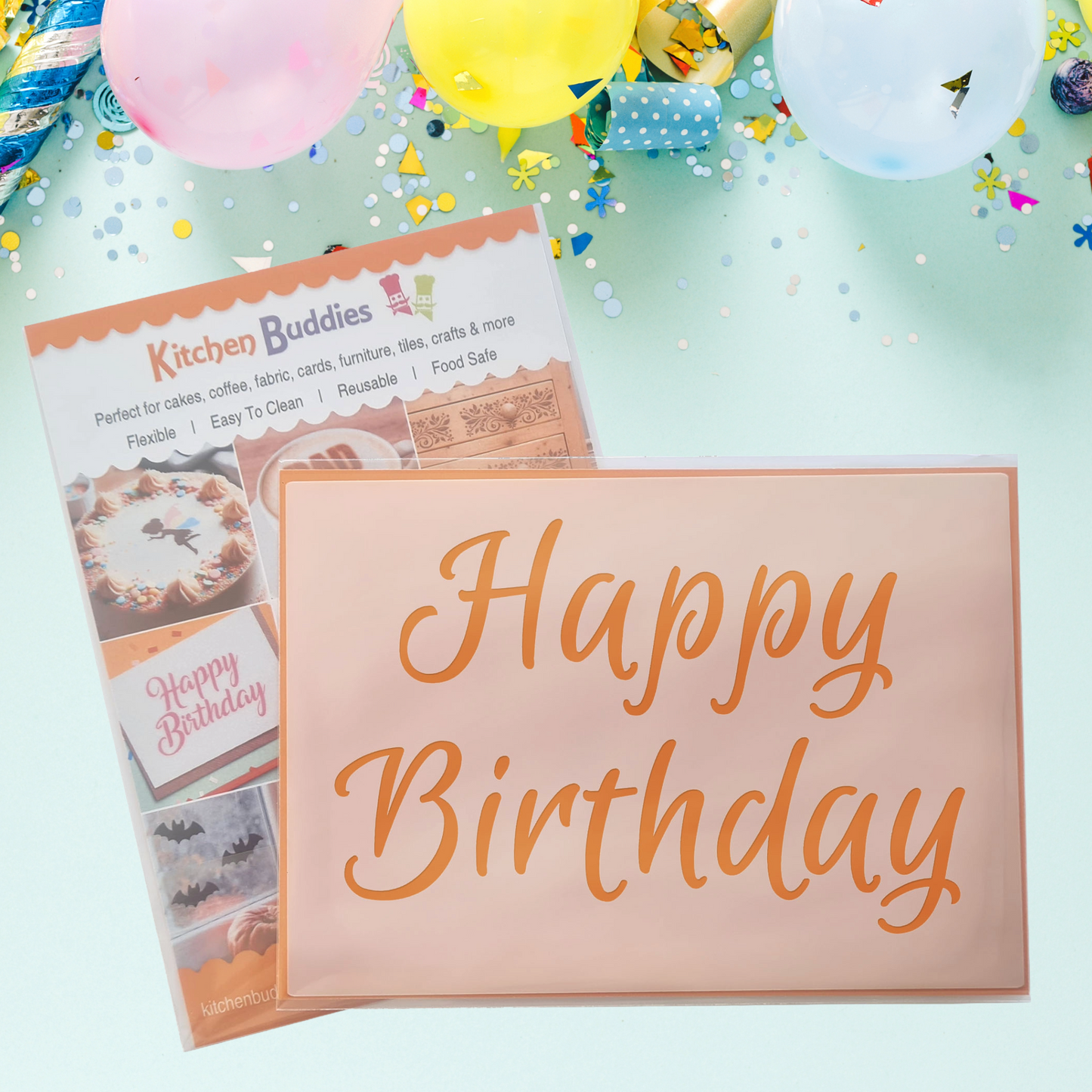 Celebration Script Message Set 1,Happy Birthday, Happy Anniversary & Congratulations, A6 Craft & Cake Decorating Stencil, Reusable Mylar for Cakes, Cards, & Crafts