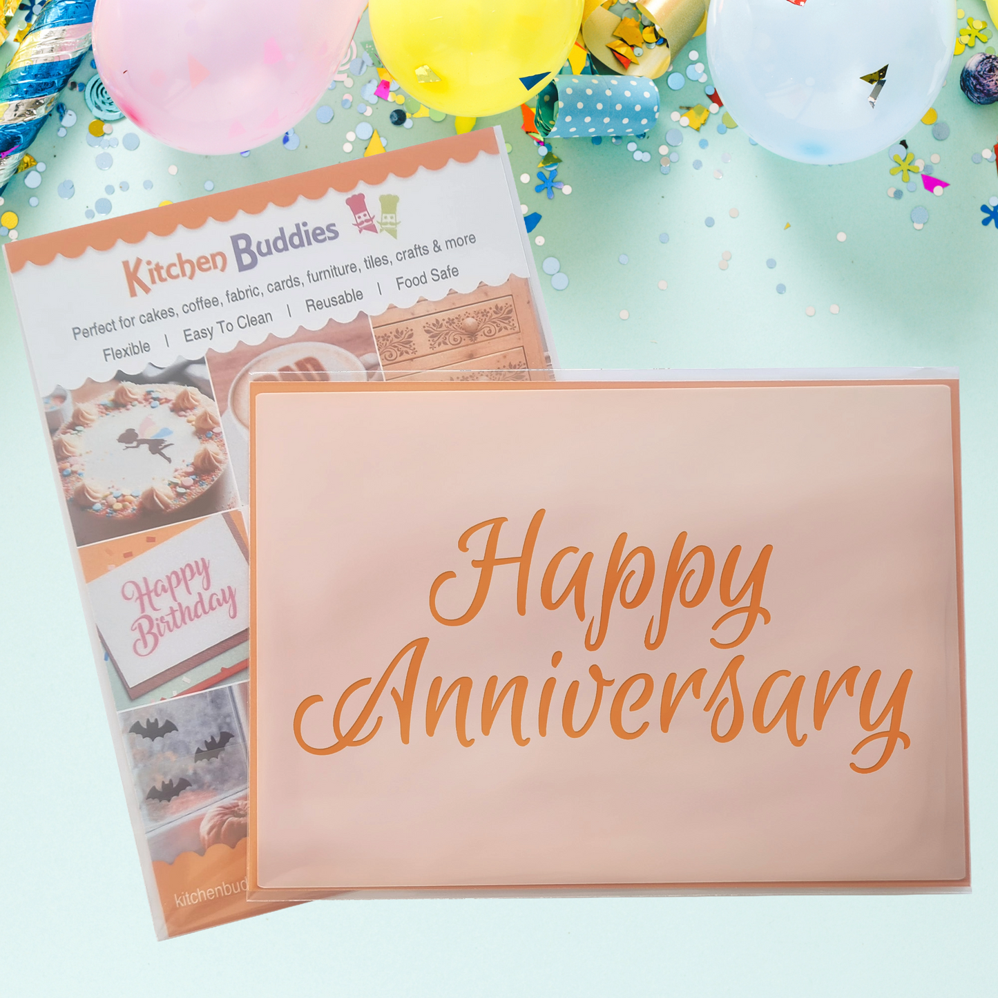 Celebration Script Message Set 1,Happy Birthday, Happy Anniversary & Congratulations, A6 Craft & Cake Decorating Stencil, Reusable Mylar for Cakes, Cards, & Crafts