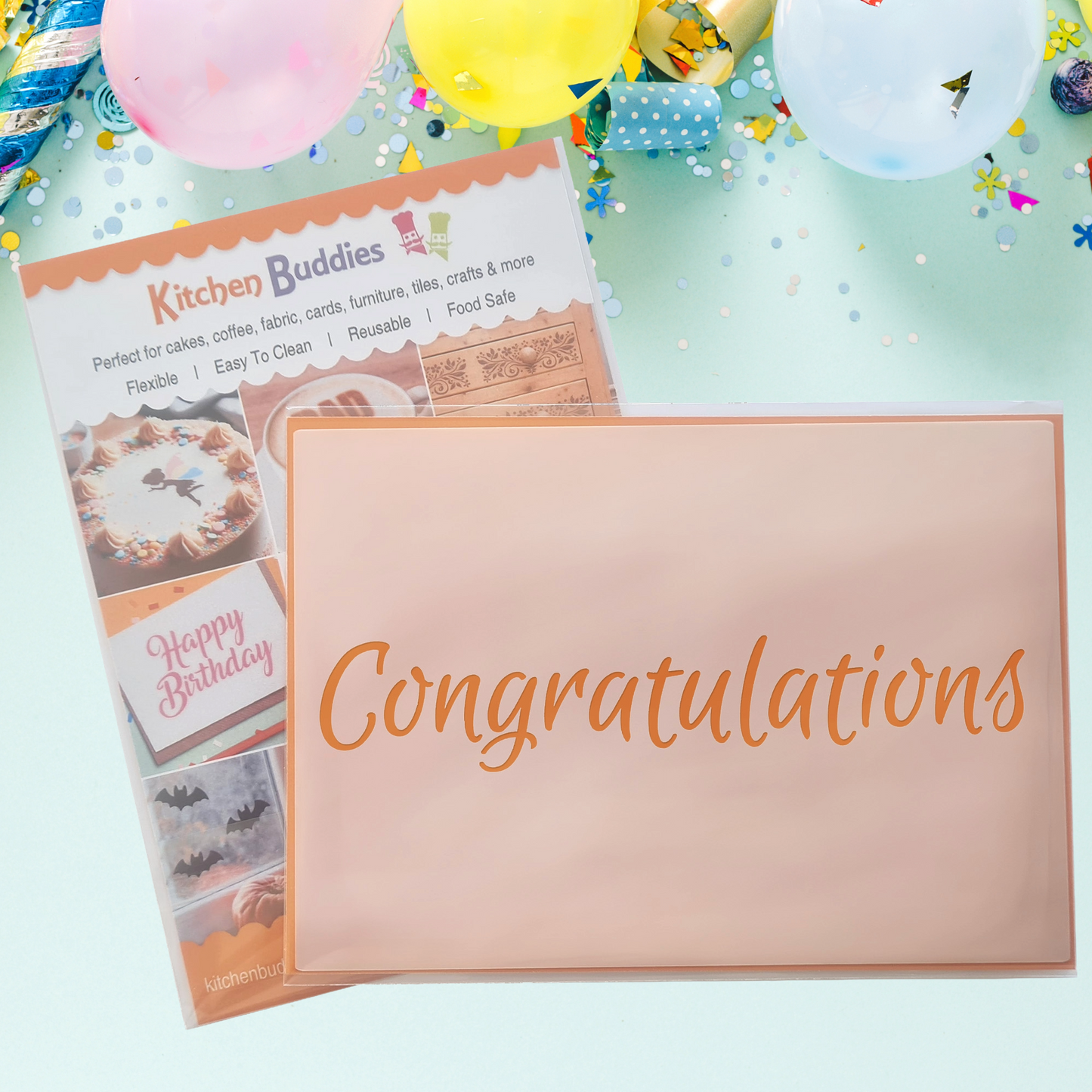 Celebration Script Message Set 1,Happy Birthday, Happy Anniversary & Congratulations, A6 Craft & Cake Decorating Stencil, Reusable Mylar for Cakes, Cards, & Crafts