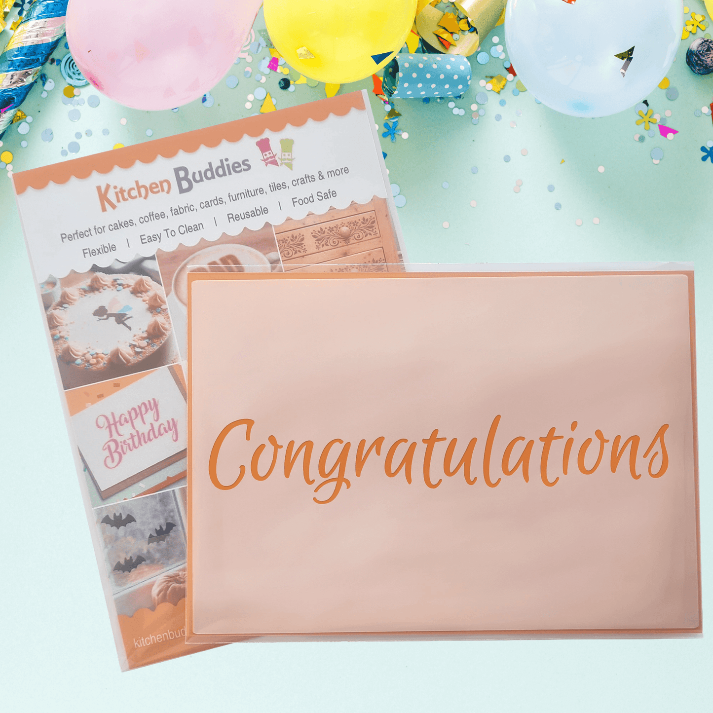 Celebration Script Message Set 1,Happy Birthday, Happy Anniversary & Congratulations, A6 Craft & Cake Decorating Stencil, Reusable Mylar for Cakes, Cards, & Crafts