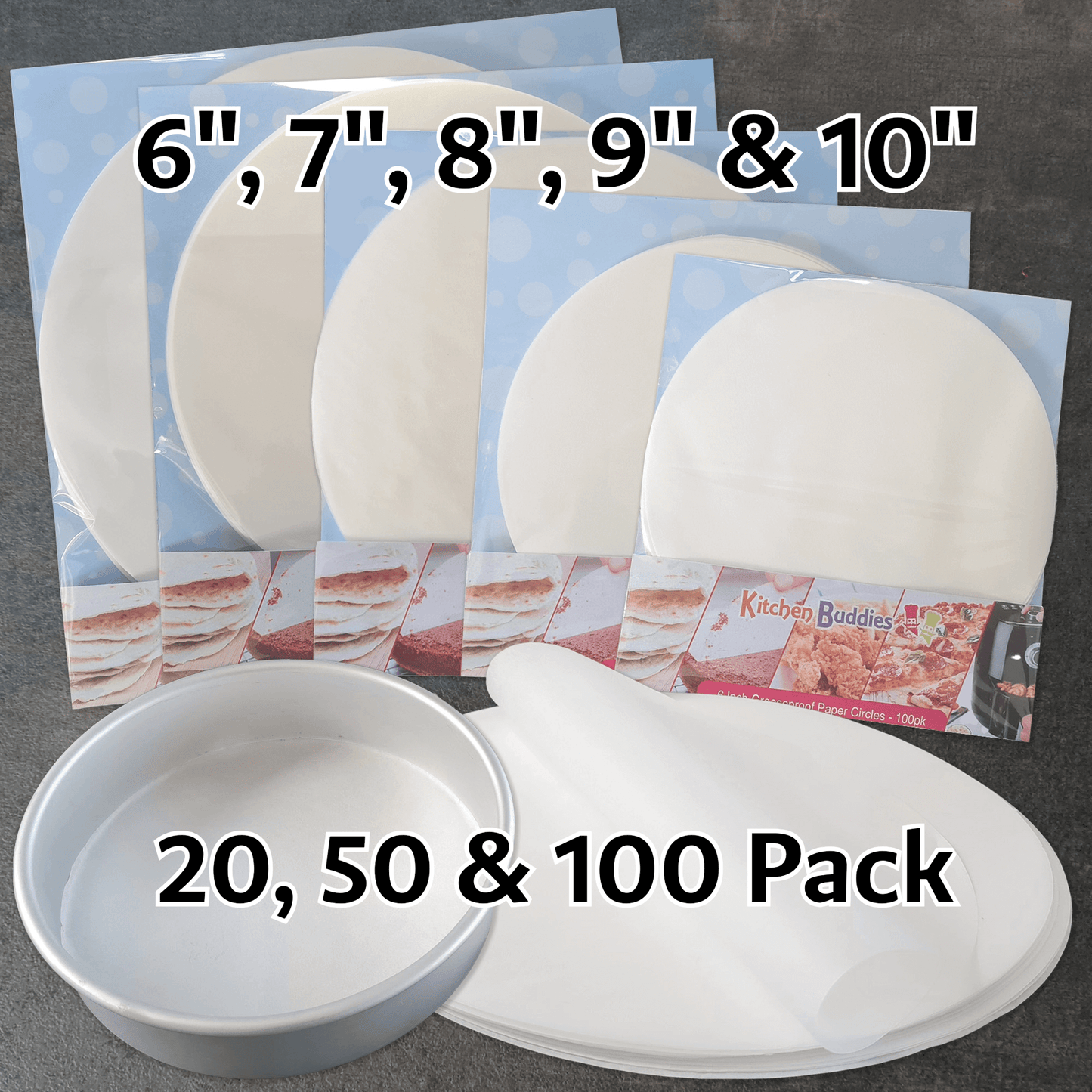 Greaseproof Parchment Circles in 6", 7", 8", 9" & 10" sizes, available in 20, 50 & 100 pack for hassle-free baking.