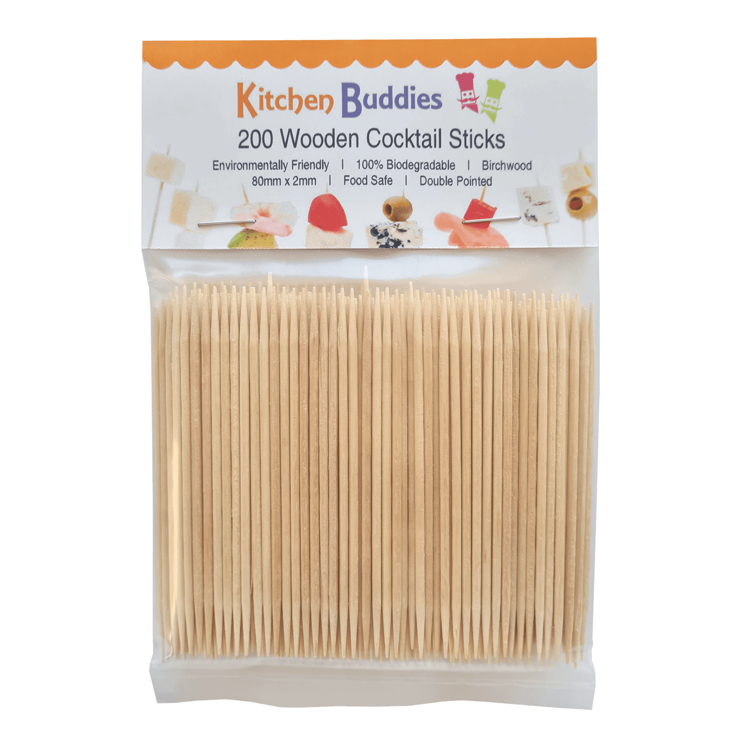 200 Wooden Cocktail Sticks - Premium Birchwood Double Pointed 8cm - Food Safe & 100% Biodegradable - for Food, Cocktails & Oral Hygiene