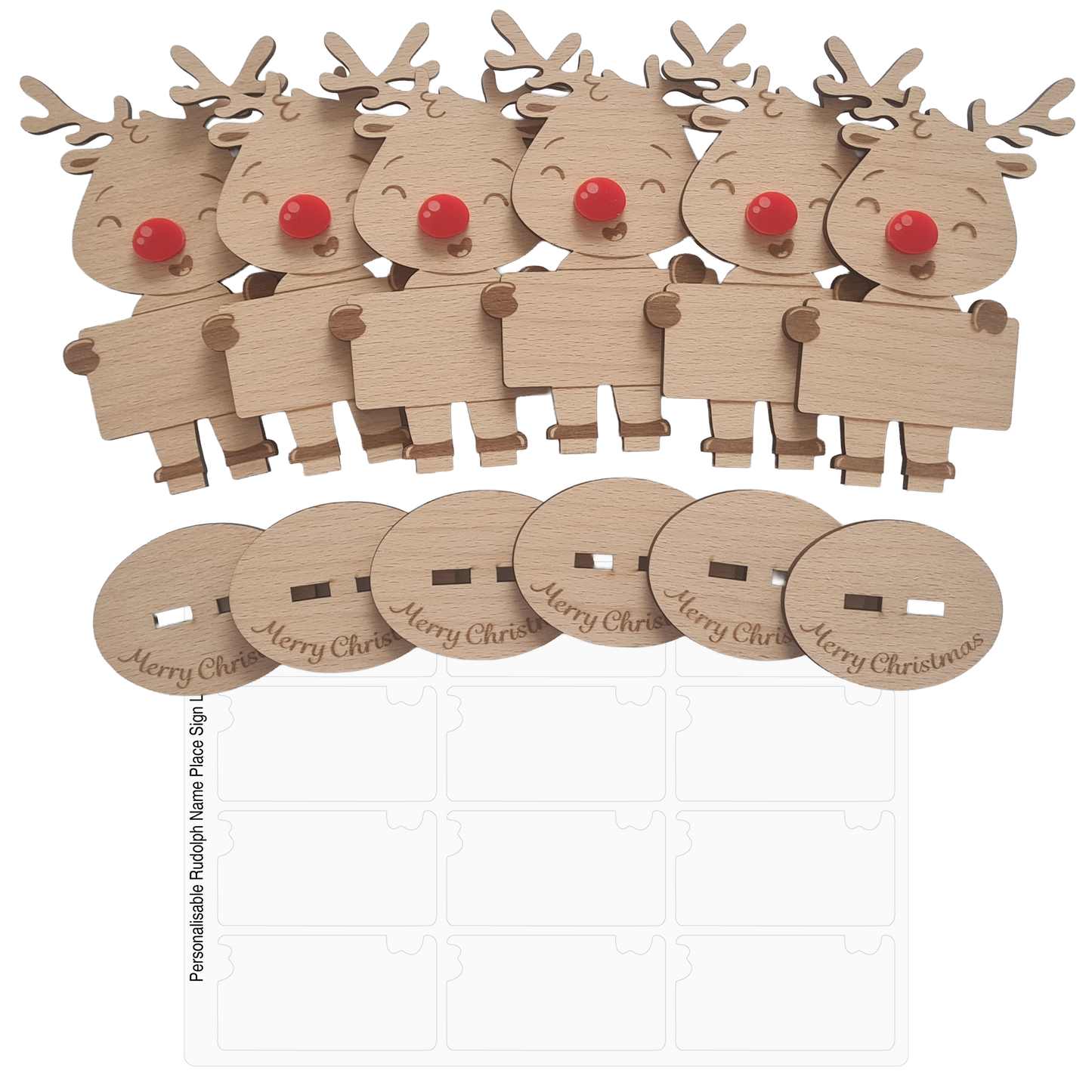 Rudolph Wooden Name Place – 6 Pack – Personalised Christmas Table Decorations & Festive Keepsake Figures