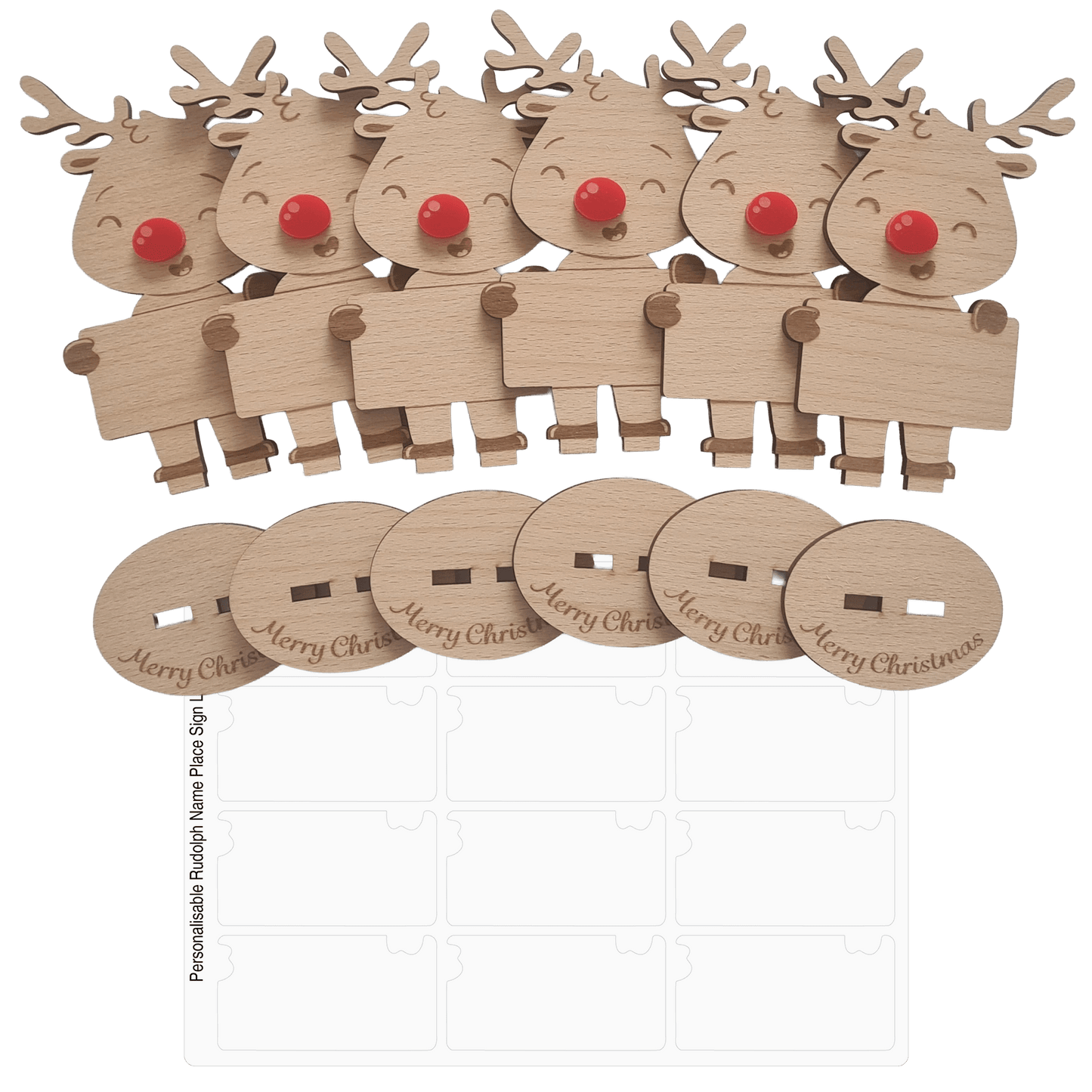 Rudolph Wooden Name Place – 6 Pack – Personalised Christmas Table Decorations & Festive Keepsake Figures