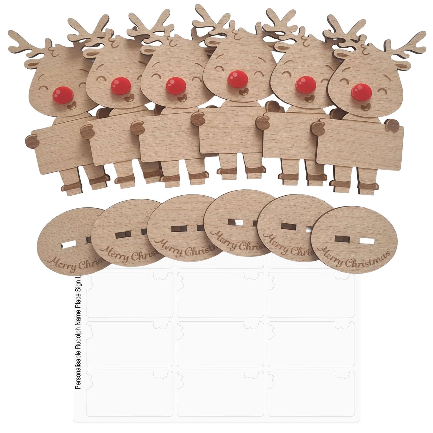 Rudolph Wooden Name Place – 6 Pack – Personalised Christmas Table Decorations & Festive Keepsake Figures