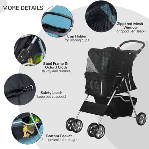 Pet Stroller Carrier Foldable Deluxe Jogger Walk Travel Dog Cat Black
