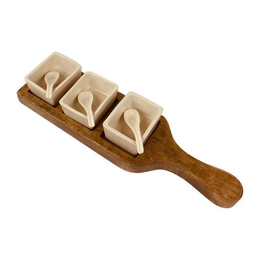 Wooden Tray With Dip Bowls & Spoons 36cm