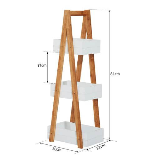 3-Tier Eco-Friendly Bamboo A-Shape Rack with storage bins perfect for bathroom organization.