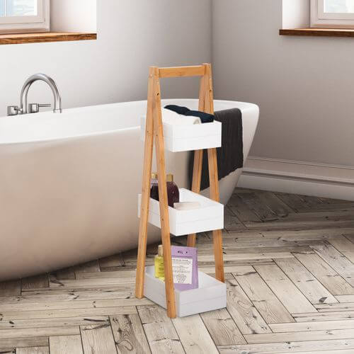 3-Tier Eco-Friendly Bamboo A-Shape Rack in a stylish bathroom setting, perfect for storing toiletries and towels.