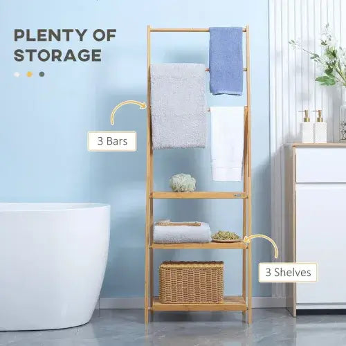 Bamboo Towel Rack Freestanding Foldable with 3 Bars and Shelves for Bathroom