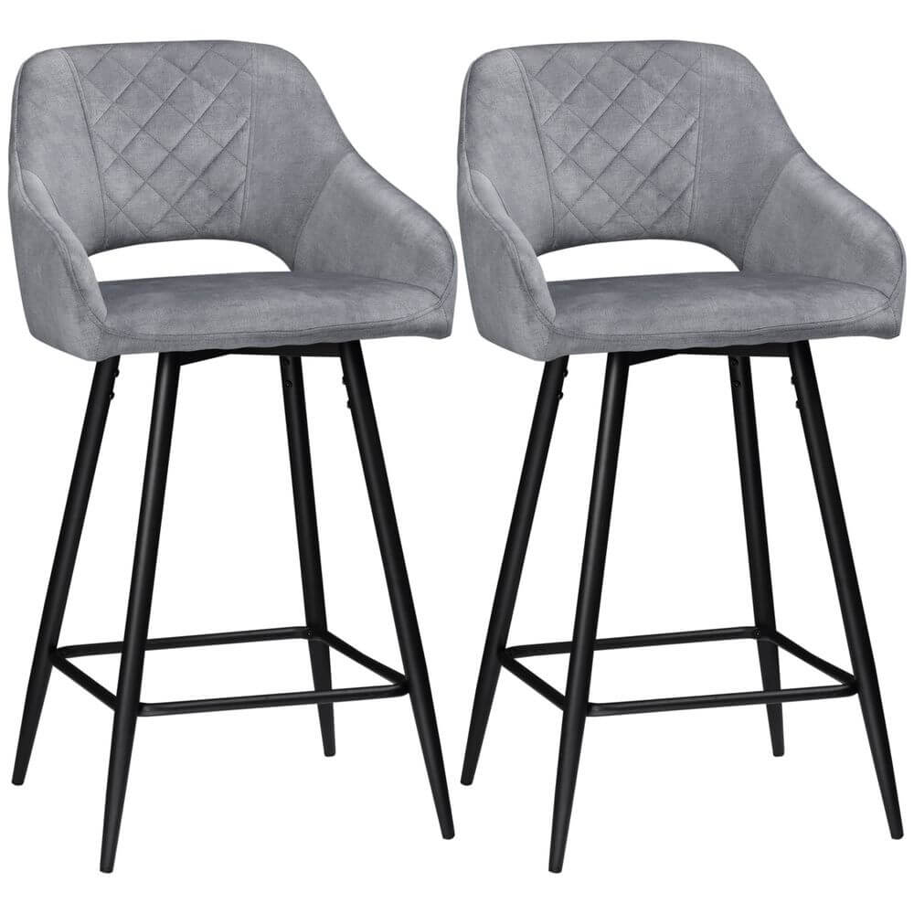 Bar Stools Set of 2, Velvet-Touch Fabric Counter Height Bar Chairs Grey
