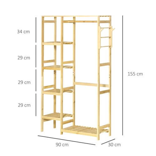 Eco-friendly bamboo coat rack with hooks, hanging rail, and storage dimensions, perfect for organizing clothes.
