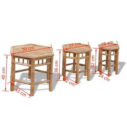 Set of 3 eco-friendly bamboo garden stools with dimensions marked, ideal for outdoor seating.