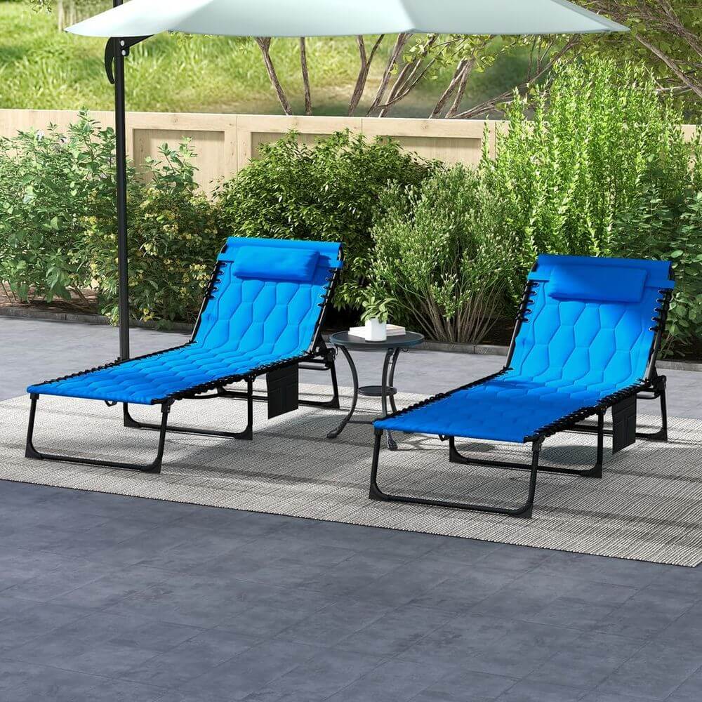 Foldable Sun Lounger Set, 2 Pieces Sun Lounger w/ Padded Seat Blue