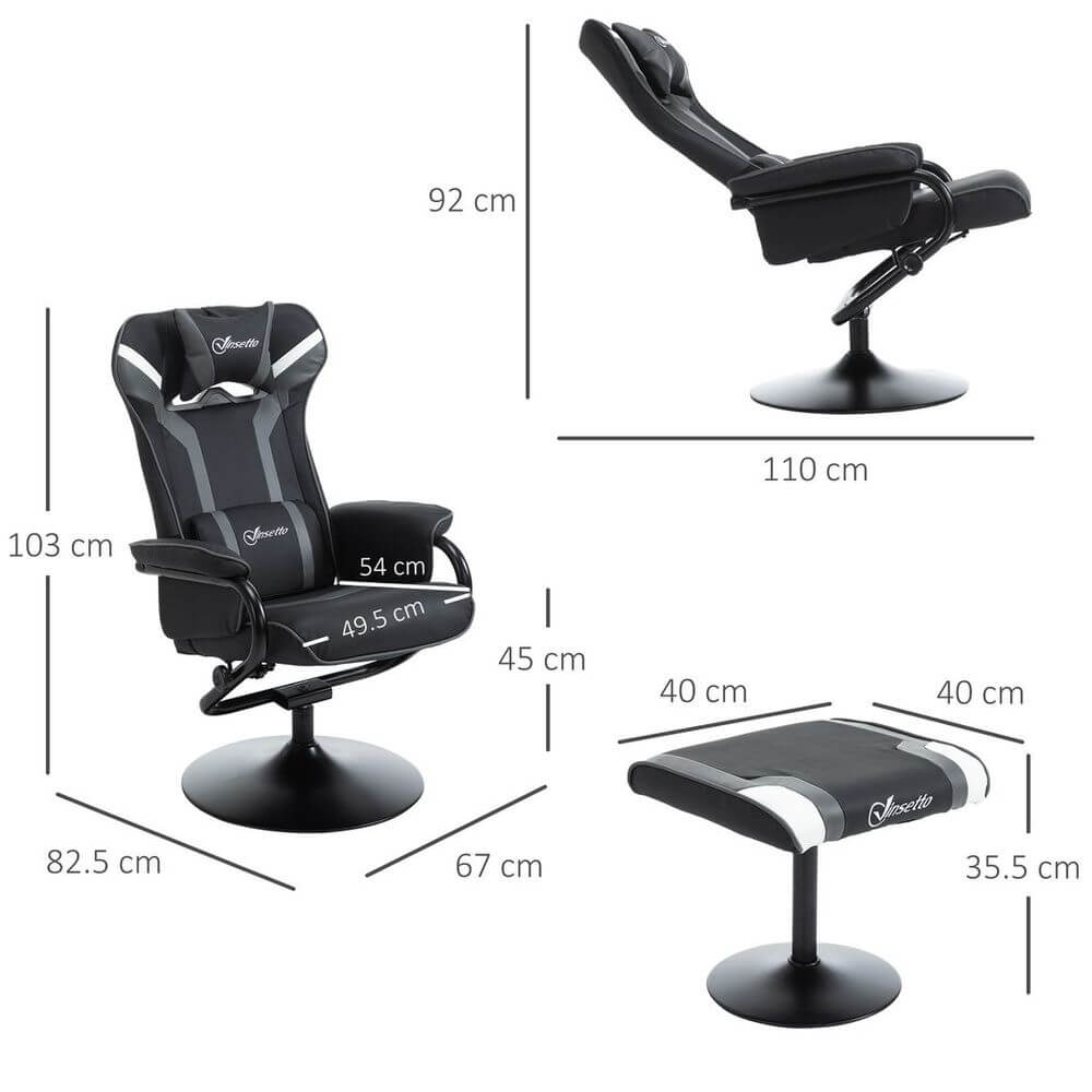 Video Game Chair & Footrest Set Racing Style w/ Pedestal Base, Deep Grey