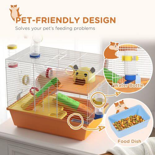 PawHut Hamster Cage, 3 Tiers Gerbil Cage for Dwarf Hamsters with Tubes, Ladder