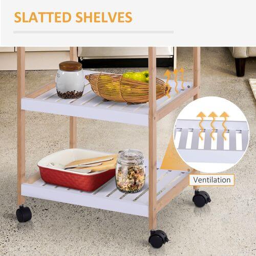 Kitchen trolley featuring slatted shelves for ventilation, perfect for kitchen storage and mobility with smooth rolling wheels.