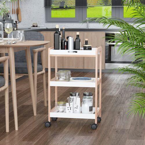 Stylish kitchen trolley in bamboo and MDF with three shelves, ideal for storage and mobility in kitchens or cafes.