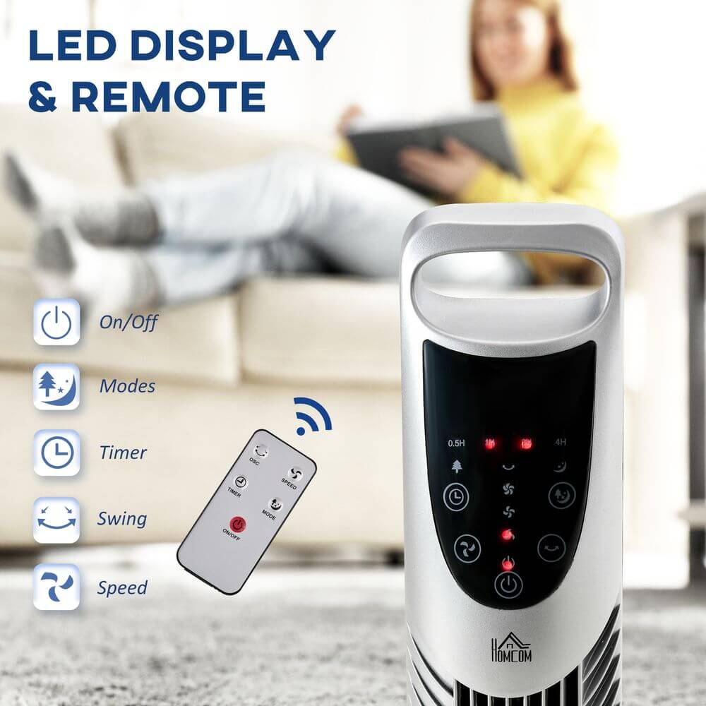 Silver Tower Fan with 3 Speed 3 Mode, Timer, Oscillation, Remote